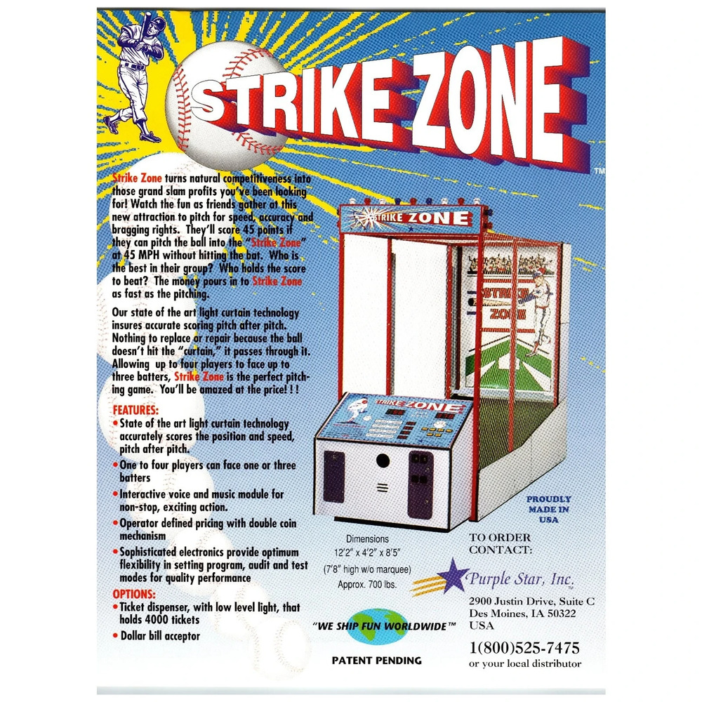 1990s Strike Zone Baseball Pitching Arcade Game Flyer Des Moines USA